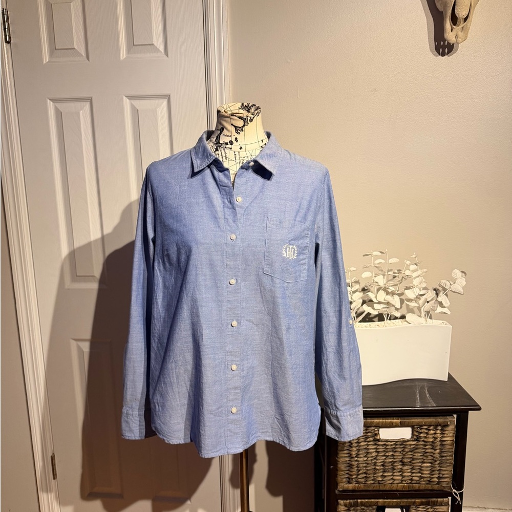 Tommy Hilfiger 100% Cotton Button Shirt preppy minimalist work blouse blue Sz L